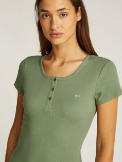 Tommy Jeans Shirts*TJW SLIM BUTTON RIB C-NECK SS aruba green