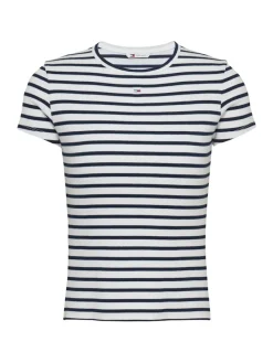 Tommy Jeans Shirts*TJW SLIM ESSENTIAL RIB SS EXT ecru - navy stripe