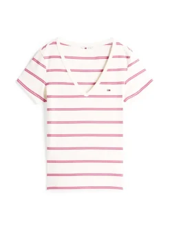 Tommy Jeans Shirts*TJW SLIM ESSENTIAL RIB V SS ancient white - cerise stripe