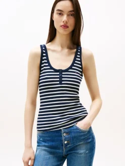 Tommy Jeans Shirts*TJW SLIM HENLEY WAFFLE TANK dark night navy - stripe