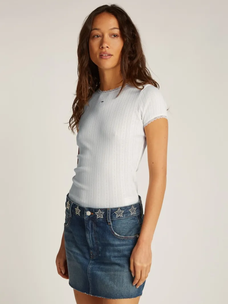 Tommy Jeans Shirts*TJW SLIM POINTELLE RIB TEE ecru