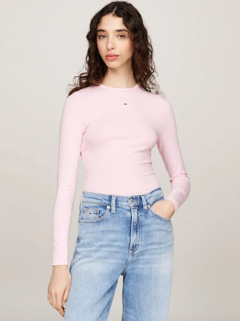 Tommy Jeans Shirts*TJW SLIM STRIPE ESSENTIAL RIB LS ballet pink - stripe