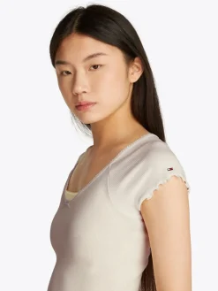 Tommy Jeans Shirts*TJW SLIM VNECK GMD RIB SS ancient white