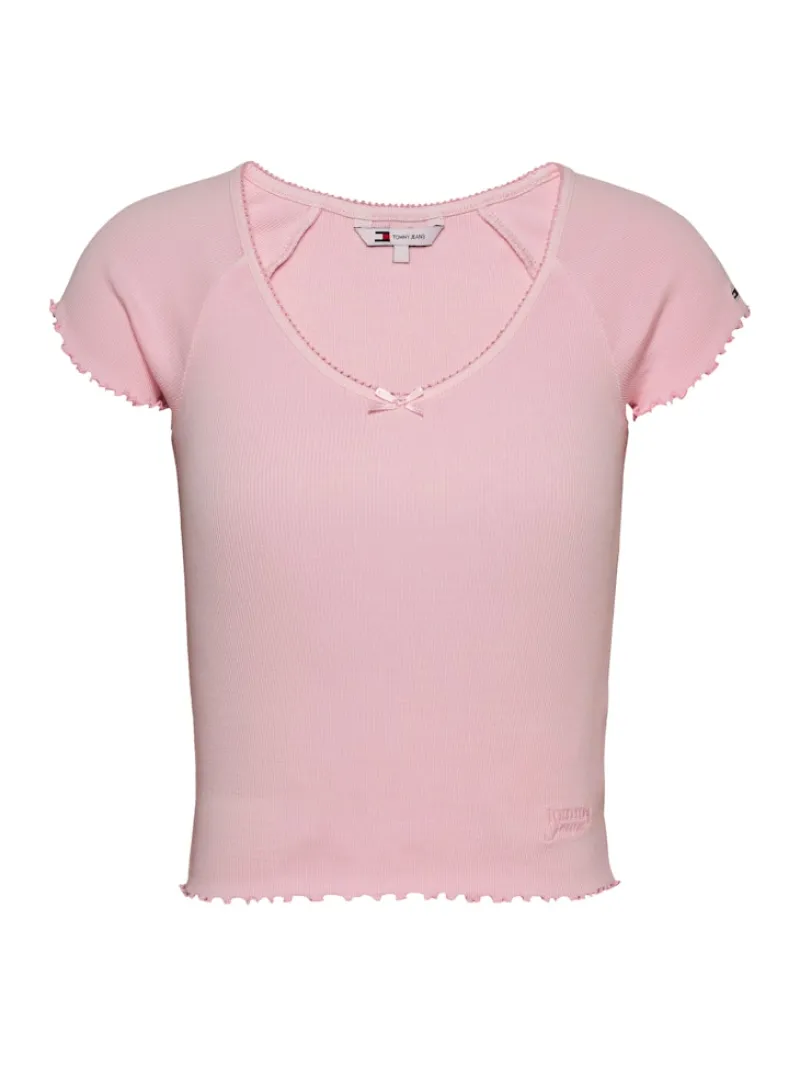 Tommy Jeans Shirts*TJW SLIM VNECK GMD RIB SS precious pink