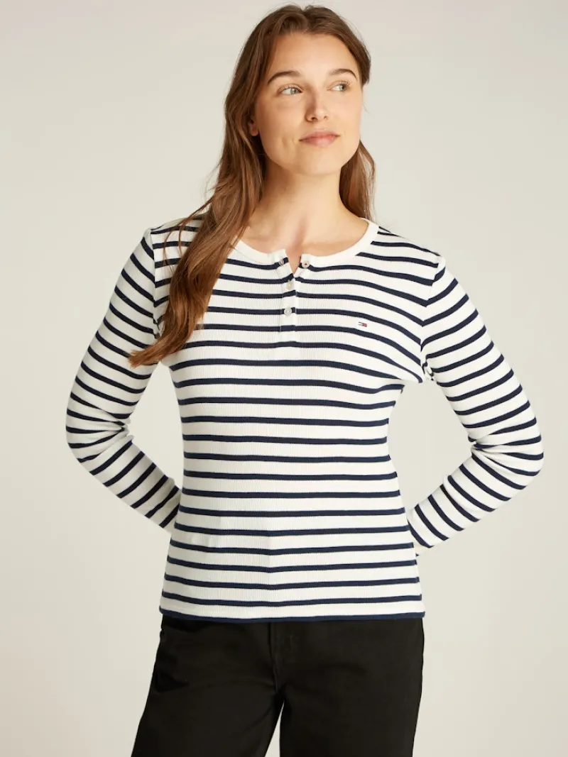 Tommy Jeans Shirts*TJW SLM BUTTON RIB C-NECK LS EXT navy-white stripe