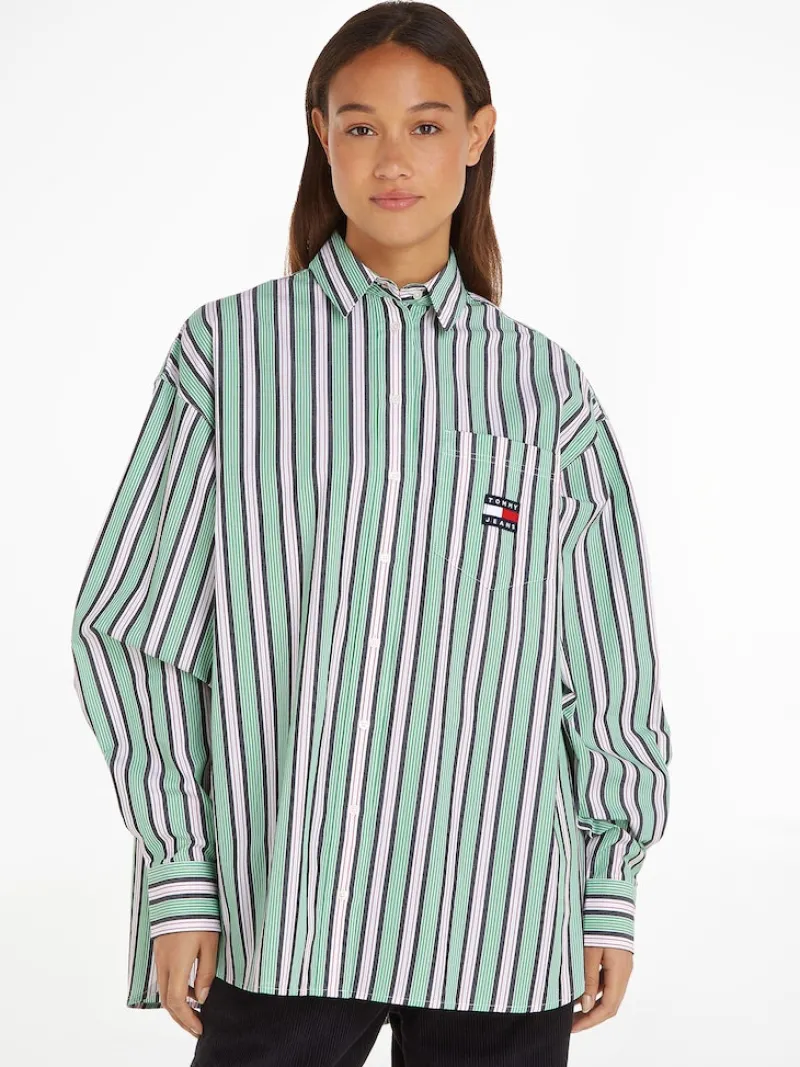 Tommy Jeans Blusen*TJW ULTRA OVERSIZED STRIPE SHIRT coastal green - multi