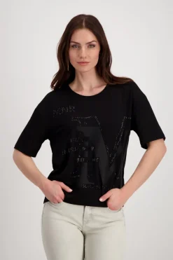 Monari Shirts*T-Shirt mit Strass Schrift Schwarz