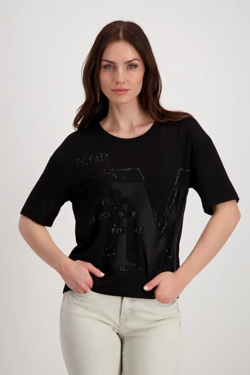 Monari Shirts*T-Shirt mit Strass Schrift Schwarz