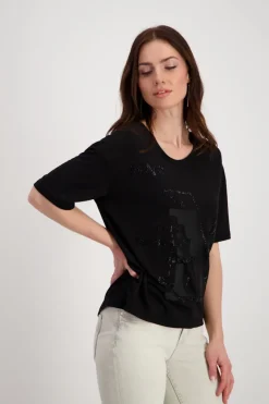 Monari Shirts*T-Shirt mit Strass Schrift Schwarz