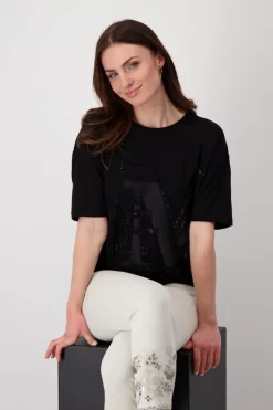 Monari Shirts*T-Shirt mit Strass Schrift Schwarz