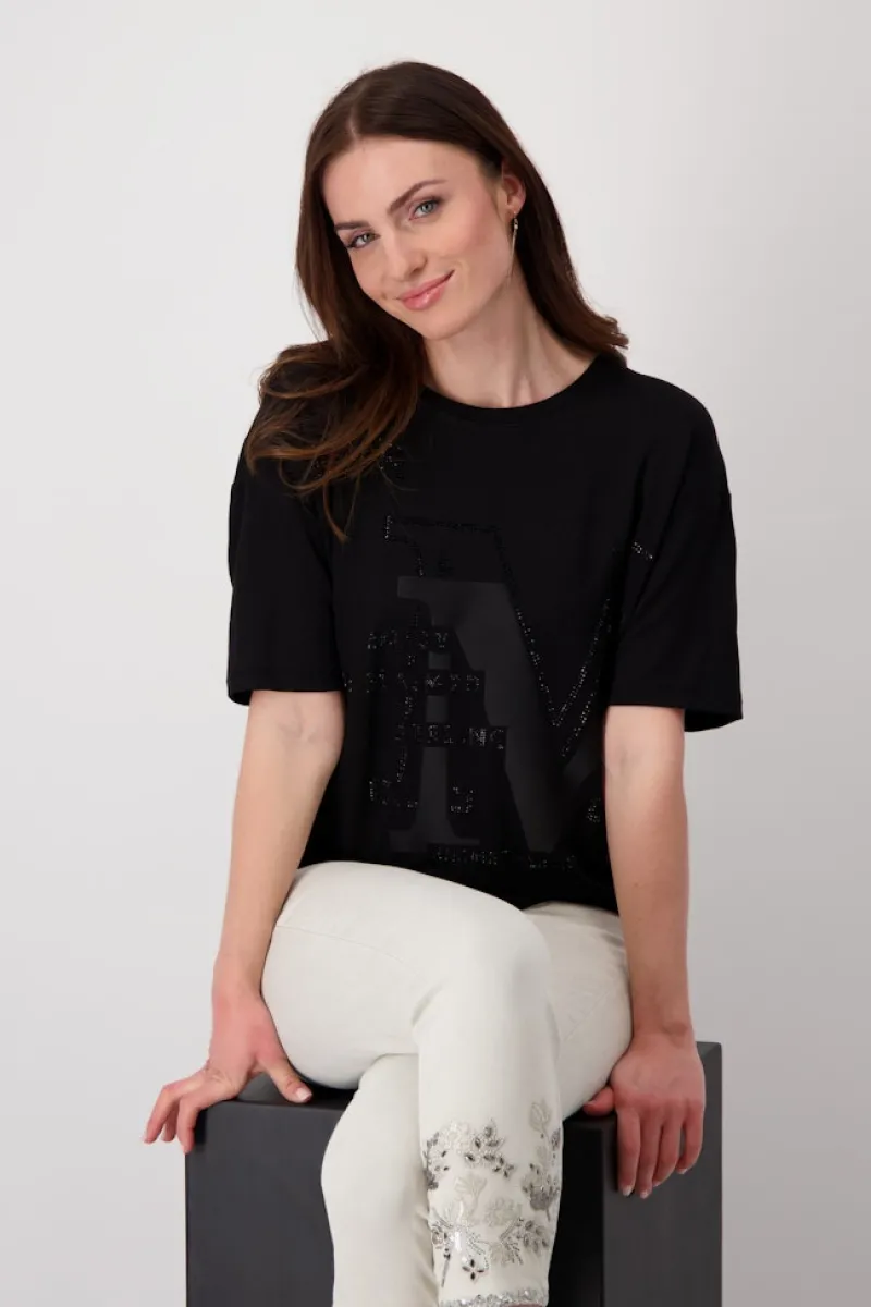 Monari Shirts*T-Shirt mit Strass Schrift Schwarz