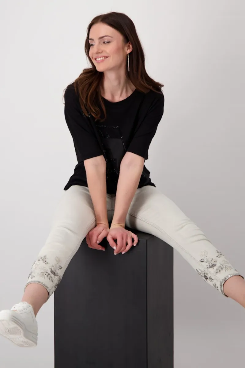 Monari Shirts*T-Shirt mit Strass Schrift Schwarz