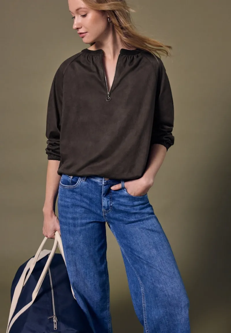 STREET ONE STUDIO Blusen*Velours Tunika mit Zipper dark auburn brown