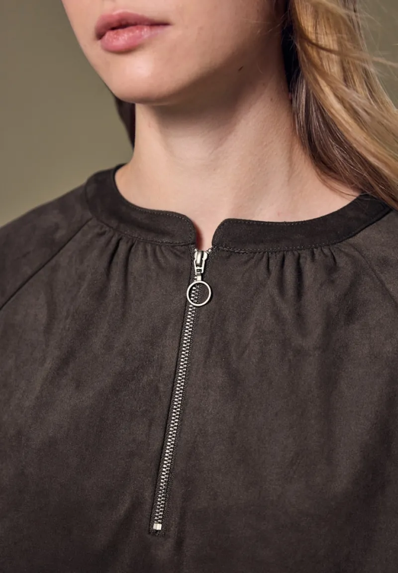 STREET ONE STUDIO Blusen*Velours Tunika mit Zipper dark auburn brown
