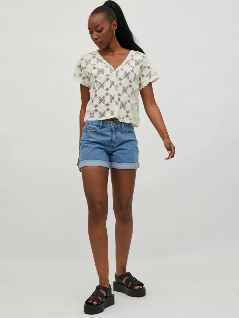 Vila Blusen*VICALVINA V-NECK S/S TOP/DC/LS birch