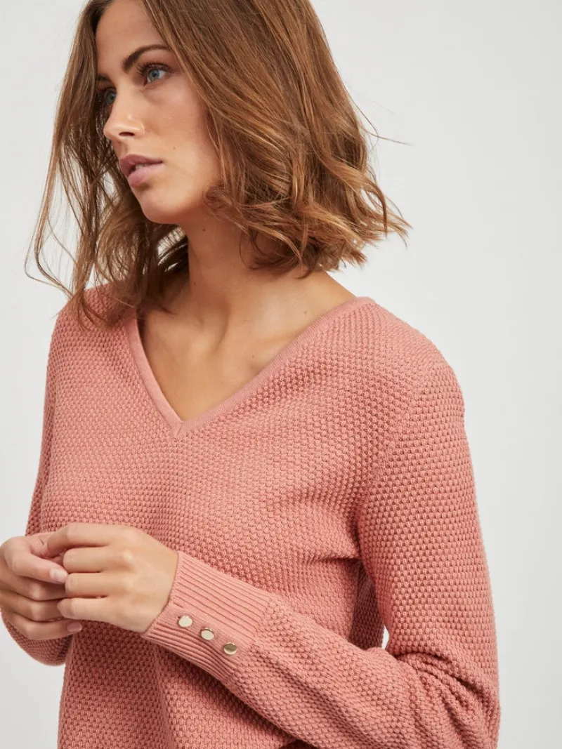 Vila Pullover & Sweatshirts*VICHASSA V-NECK L/S BUTTON KNIT TOP/L desert sand