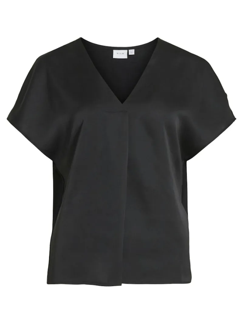 Vila Blusen*VIELLETTE V-NECK S/S SATIN TOP - NOOS Black