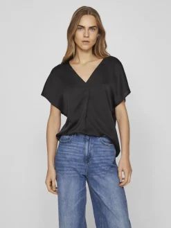 Vila Blusen*VIELLETTE V-NECK S/S SATIN TOP - NOOS Black