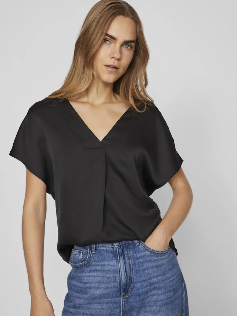 Vila Blusen*VIELLETTE V-NECK S/S SATIN TOP - NOOS Black