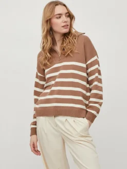 Vila Pullover & Sweatshirts*VISUZA ZIPPER L/S STRIPE KNIT TOP/LD Portabella