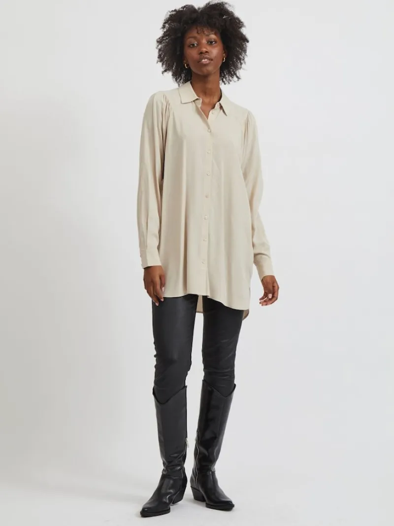 Vila Blusen*VIZUGI L/S LONG SHIRT/SU/PB Cement
