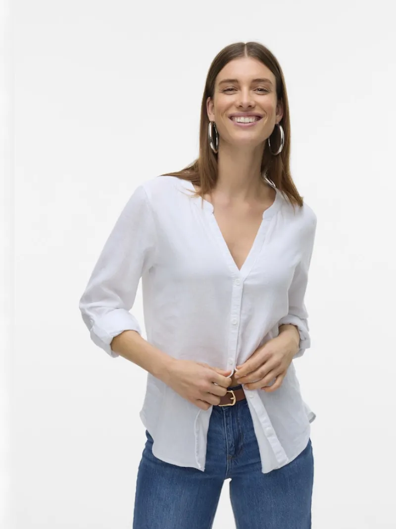 Vero Moda Blusen*VMLINN LS V-NECK SHIRT WVN NOOS Snow White