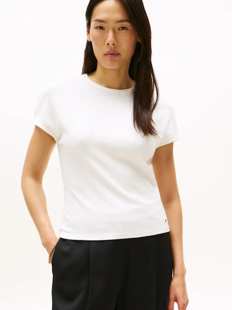 Tommy Hilfiger Shirts*5X2 RIB SLIM C-NK CAP SLV TEE ivory silk